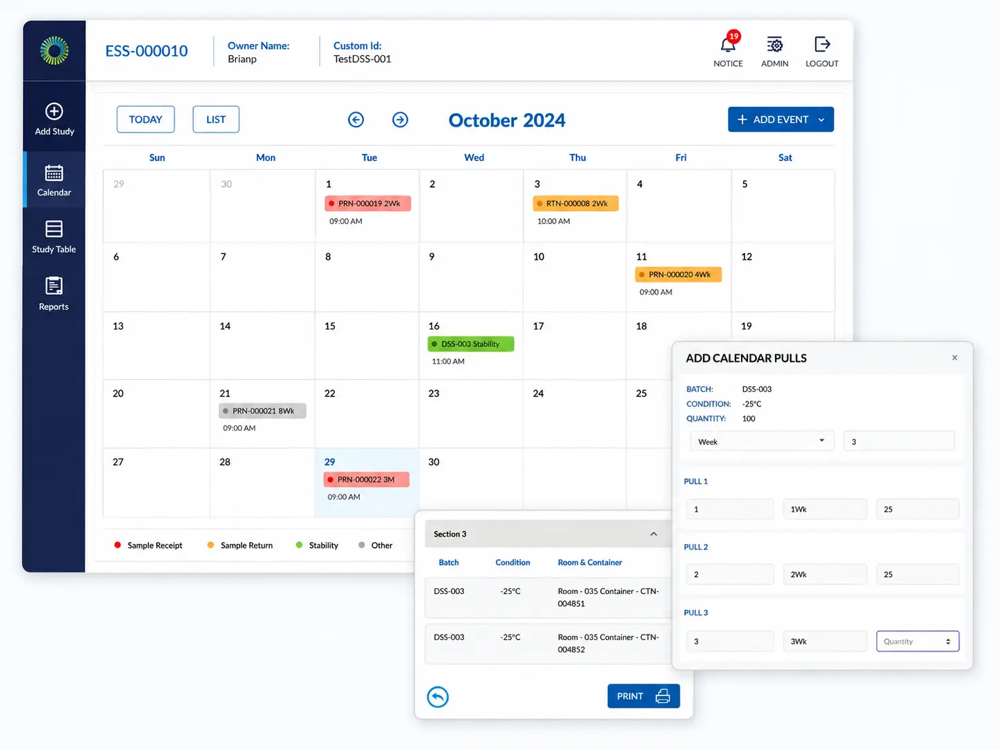 DSSWorks stability sample scheduling and storage workflow